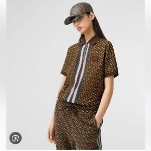 BURBERRY Ladies Copland Bridle Brown Monogram Stripe Oversized Polo Shirt, NWT